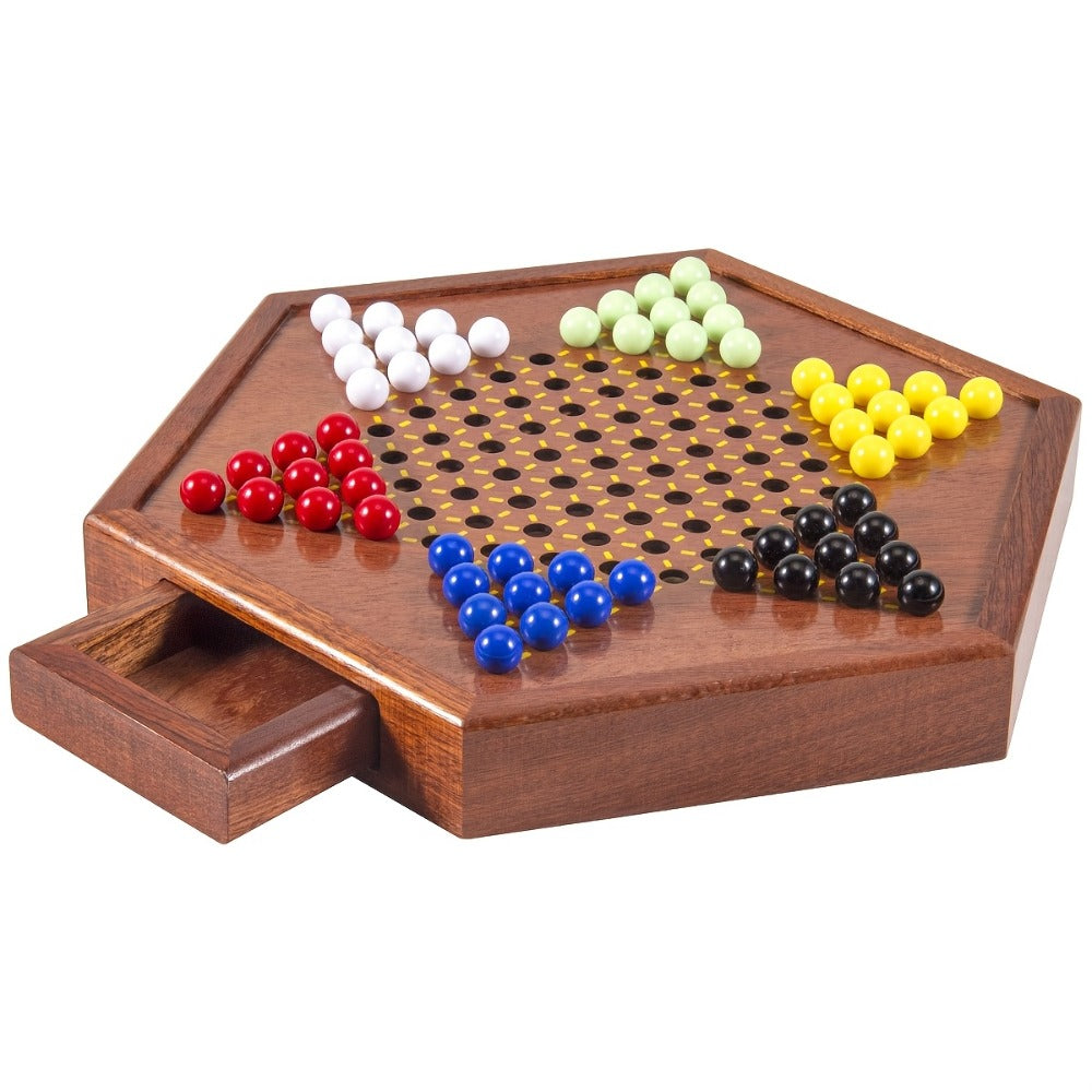 Deluxe Wooden Chinese Checkers Game Set 12.5 Inch Hexagonal Board with Storage Drawer 60 Acrylic Marbles – Classic Family Strategy Board Game for Kids Adults Game Night Gift