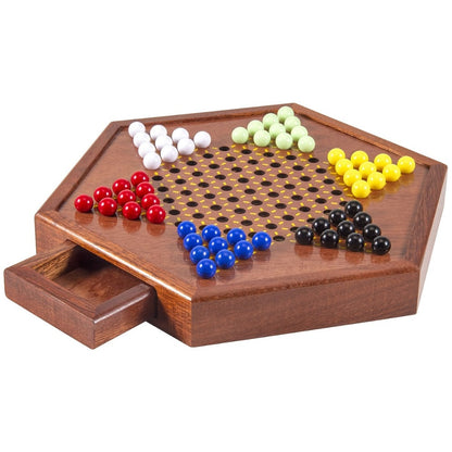 Deluxe Wooden Chinese Checkers Game Set 12.5 Inch Hexagonal Board with Storage Drawer 60 Acrylic Marbles – Classic Family Strategy Board Game for Kids Adults Game Night Gift