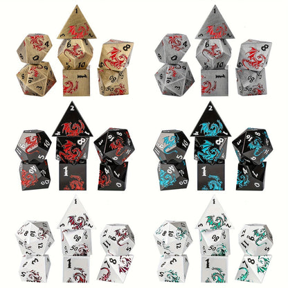 Dragon Metal Dice Set 7pcs Hand-Polished – Retro Carved Dragon Pattern Polyhedral DnD TTRPG RPG Dice with Dragon Storage Bag, D4 D6 D8 D10 D12 D20, Bronze Silver Black Blue White Cyan