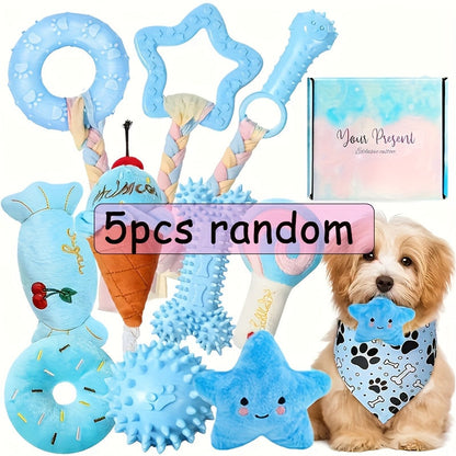 Puppy Chew Toy Set 5 Pieces - Non-Toxic Plush and Plastic Teeth Cleaning Toys for Small Dogs, Durable Teething Toy Bundle for Dental Health, Interactive Play and Self-Entertainment, Random Assortment