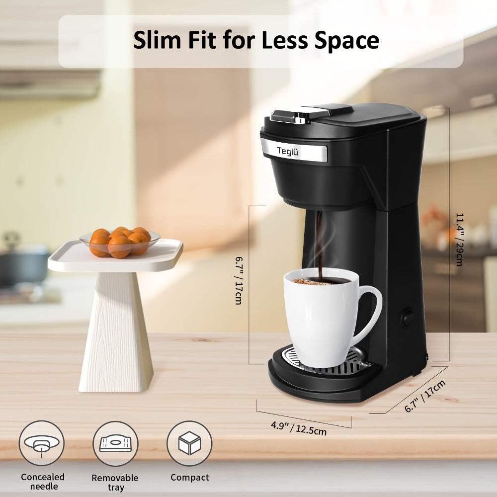 Single Serve Coffee Maker 2-in-1 for K-Cup Pods and Ground Coffee One-Button Operation 6-14oz Brew Sizes Auto Shut-Off Stainless Steel Drip Coffee Machine Blue Black Red Grey