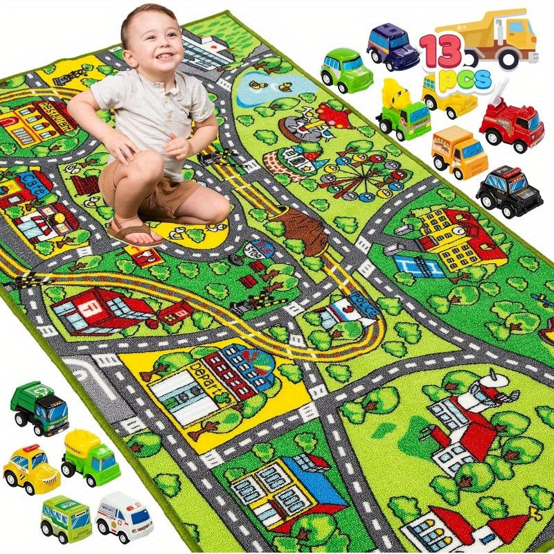 Kids City Playmat with 12 Cars - Jumbo city play rug with 12 pull-back cars