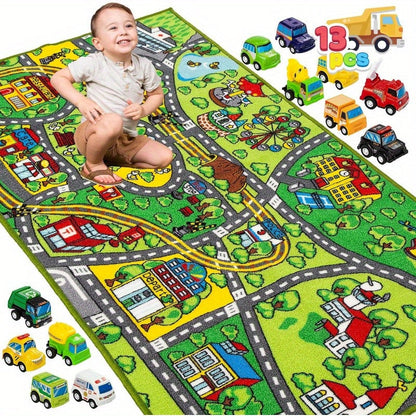 Kids City Playmat with 12 Cars - Jumbo city play rug with 12 pull-back cars