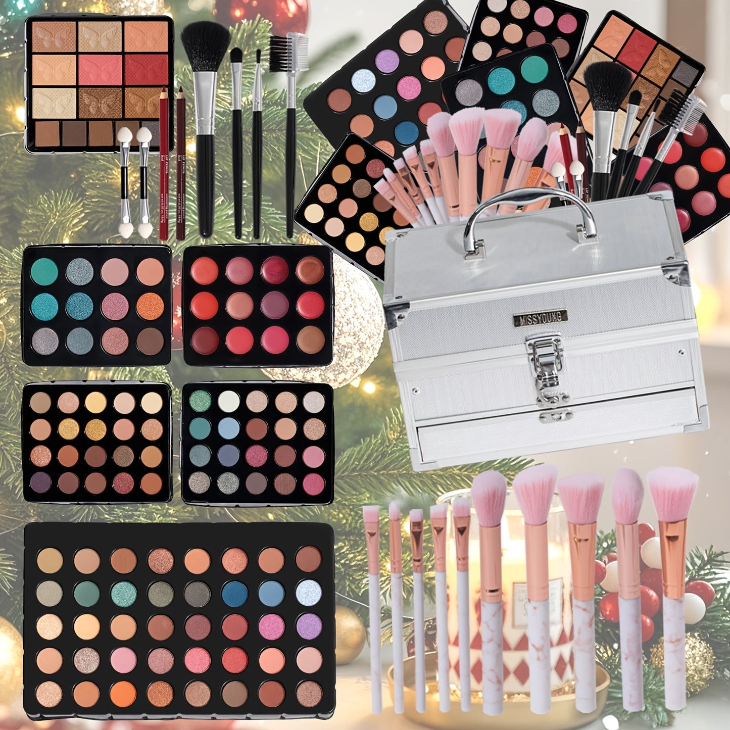 Silvery Makeup Kit Gift Box with Mirror Lipstick Eyeshadow & Blush – Multi-Functional Portable Complete Beauty Cosmetic Set for Teens Beginners Women Multiple Shades
