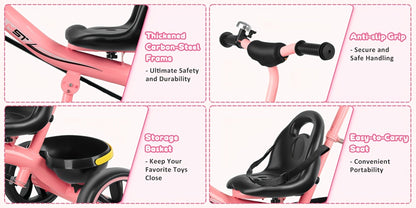 Push Handle Tricycle for Toddlers Girls Pink – 3 Wheel Trike Ages 18-60 Months with Padded Backrest, Safety Belt, Adjustable Seat | Best Birthday Gift for Kids 1 2 3 4 5 Year Old