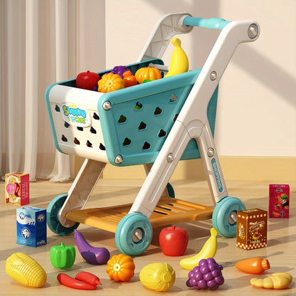 Kids Pretend Play Shopping Cart Toy Set with Realistic Food & Grocery Accessories – Supermarket Role Play for Toddlers Girls Boys Ages 3+, Blue, Birthday Christmas Gift