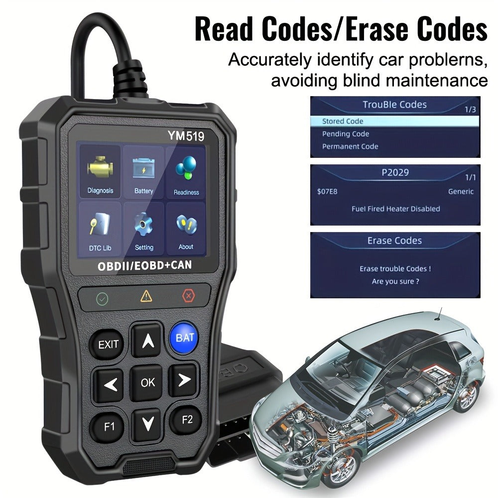 OBD2 Scanner Code Reader - YM519 Car Diagnostic Tool, Engine Fault Code Check, Battery Voltage Tester, Live Data Stream, I/M Readiness, 13 Languages, All OBDII Protocols