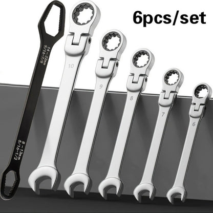 Flexible Head Ratchet Wrench Set 6-Piece – 72-Tooth 180° Dual-End CR-V Steel, Metric 6-10mm Double-Headed Wrenches for Auto, Motorcycle & Bike Repair, Compact Tool Kit