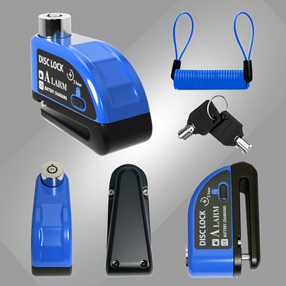 Motorcycle Disc Brake Lock with Alarm 110dB Anti-Theft Security Lock 500mAh Rechargeable USB Motorbike Wheel Lock with Reminder Rope and Lanyard