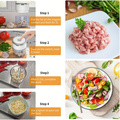 Mini Electric Garlic Chopper USB Rechargeable - Electric Food Chopper & Masher, Portable Garlic Crusher for Meat, Onion, Ginger & Herbs, 250ML / 8.45oz Kitchen Gadget in White, Green & Pink