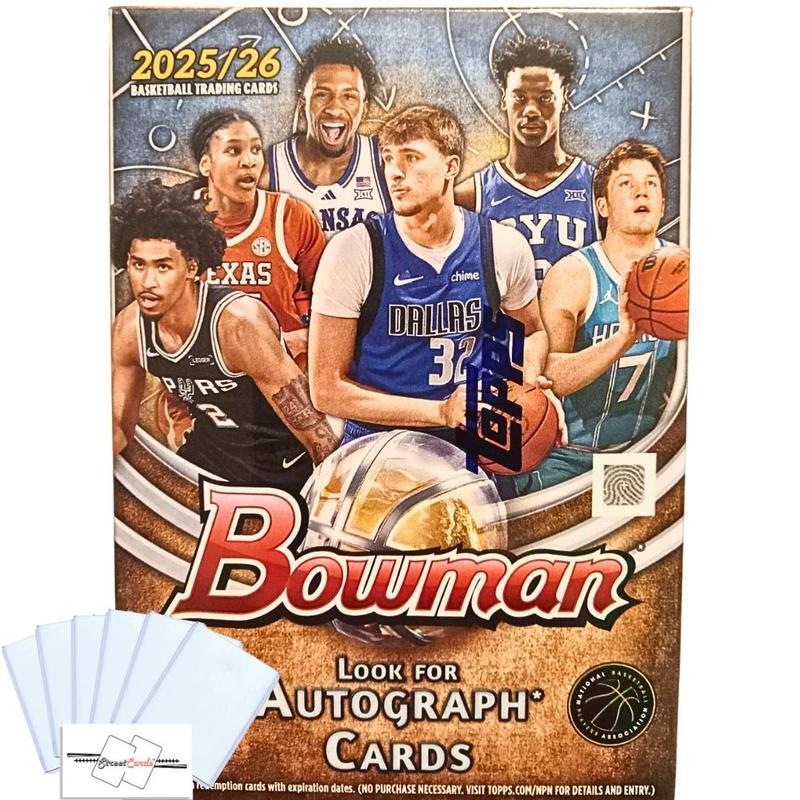 2025-26 Topps Bowman Basketball Blaster Box – 60 Cards with Chrome Prospect Autographs & Red Shield Rookies – 6 Packs + 6 Toploaders – NBA Trading Card Gift