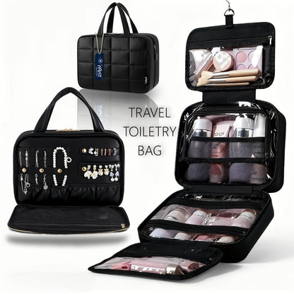 Hanging Travel Toiletry Bag Large Capacity for Full-Size Products Waterproof Cosmetic Organizer with Hook — Bathroom Makeup Travel Bag for Women Pink Beige Black