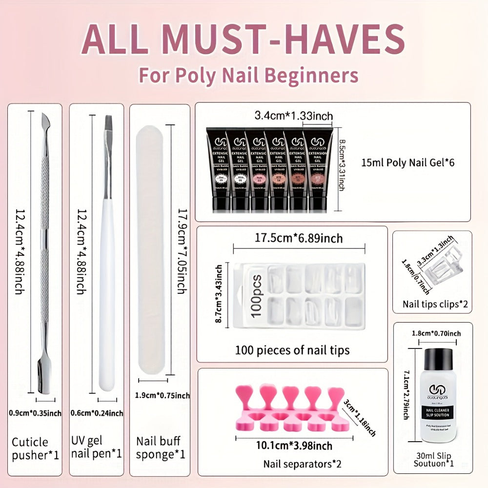 Poly Nail Gel Kit Hard Builder 6 Colors Clear Pink White — Nail Extension Thickening & Strengthening Gel for Brittle Thin Nails & French Manicure | Soak-Off UV LED Long-Lasting Salon & Home Use for Women