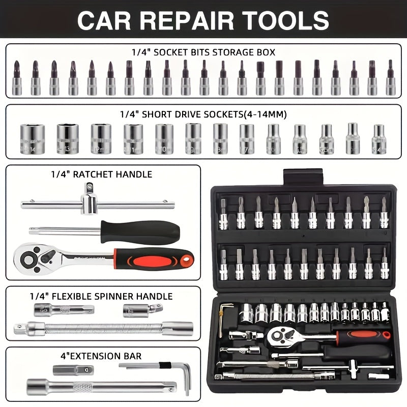 High-end Professional 43+3/44+2/51+1pc Of Tools, Car/icycle Repair Mechanical Set, Including 1/2 Inch 1/4 Inch 3/8 Inch Ratchet Socket Hex Wrench And Other Car Repair Accessories Tool Set, Suitable for Car Level Car Parts Repair.