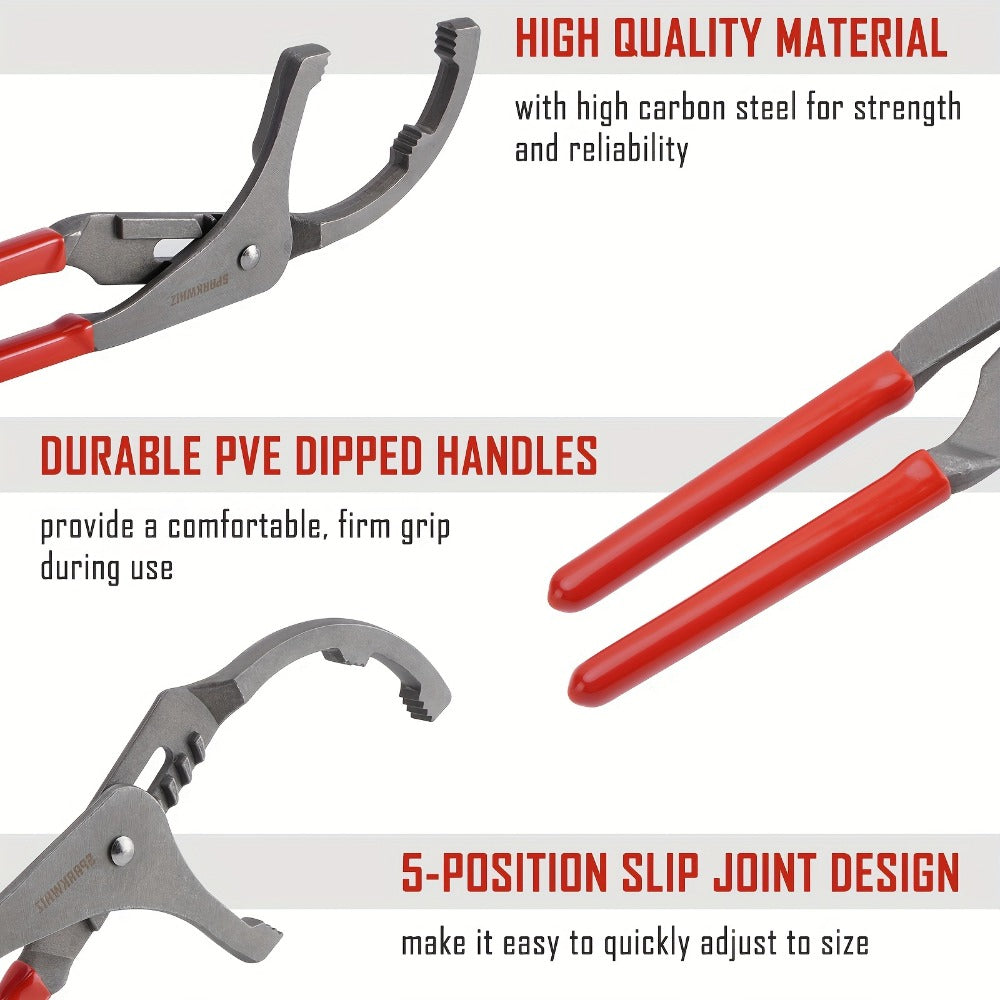 Oil Filter Removal Tool Kit 7-Piece Adjustable 3-Jaw Wrench 9" 12" Oil Filter Pliers Anti-Slip PVC Handle Fits 2-3/4" to 5-1/4" Filters with Funnel