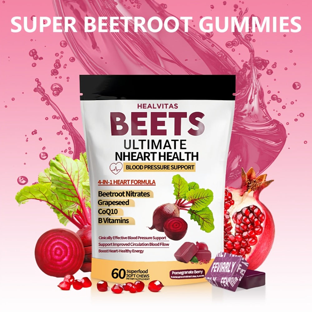 Beetroot Gummies with CoQ10, Grape Seed Extract & Multivitamins — Blood Pressure Support, Heart Health, Circulation & Antioxidant Defense, Chewable Beet Root Supplement for Women & Men, 60-120 Count