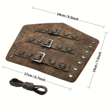 Viking Medieval Leather Arm Guards Bracers – PU Leather Knight Gauntlets Adjustable Metal Buckles Rivets for Men Women Halloween Cosplay LARP Renaissance Fair Stage Costume Dark Brown Khaki Black