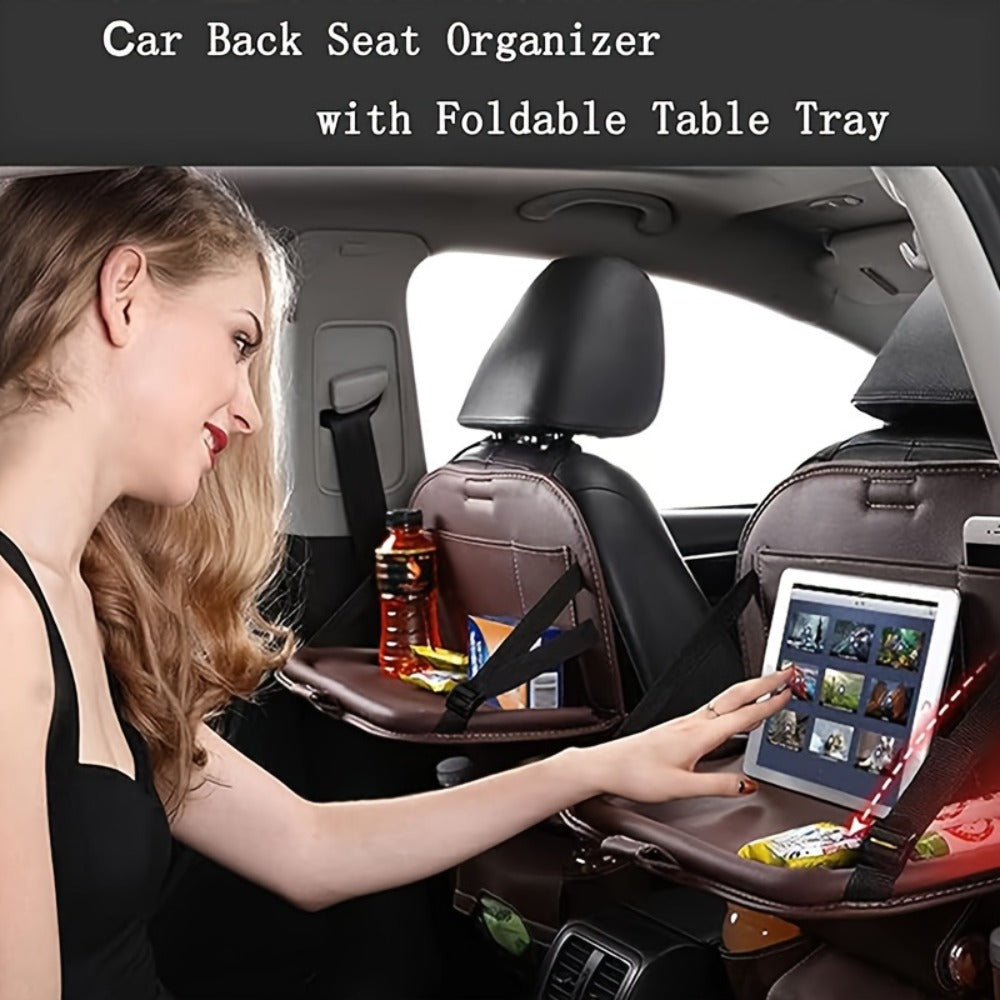 All-in-One Back Seat Organizer with Foldable Table Tray, Kick Mats, Cup Holder, Tissue Box, Umbrella Holder & Laptop Tray - 2-Piece Set, Car Seat Protector & Travel Organizer, 4 Colors