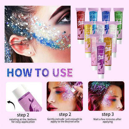 Face Body Glitter Gel Set 30 Pieces — Colorful Shapes Mermaid Sequin Stars Hearts, Transparent Gel Base, Skin-Safe Shimmer Makeup for Festivals, Raves, Halloween, Cosplay & Parties