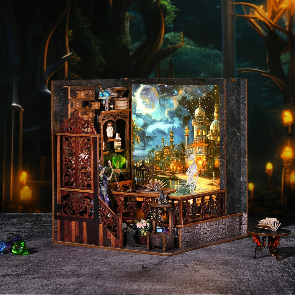 Halloween Book Nook Kit – Magic Mystery DIY Dollhouse Bookshelf Insert, 3D Wooden Witch Skeleton Miniature Scene, Whiteboard Shelf Decoration, Unique Gift for Book Lovers Adults Teens