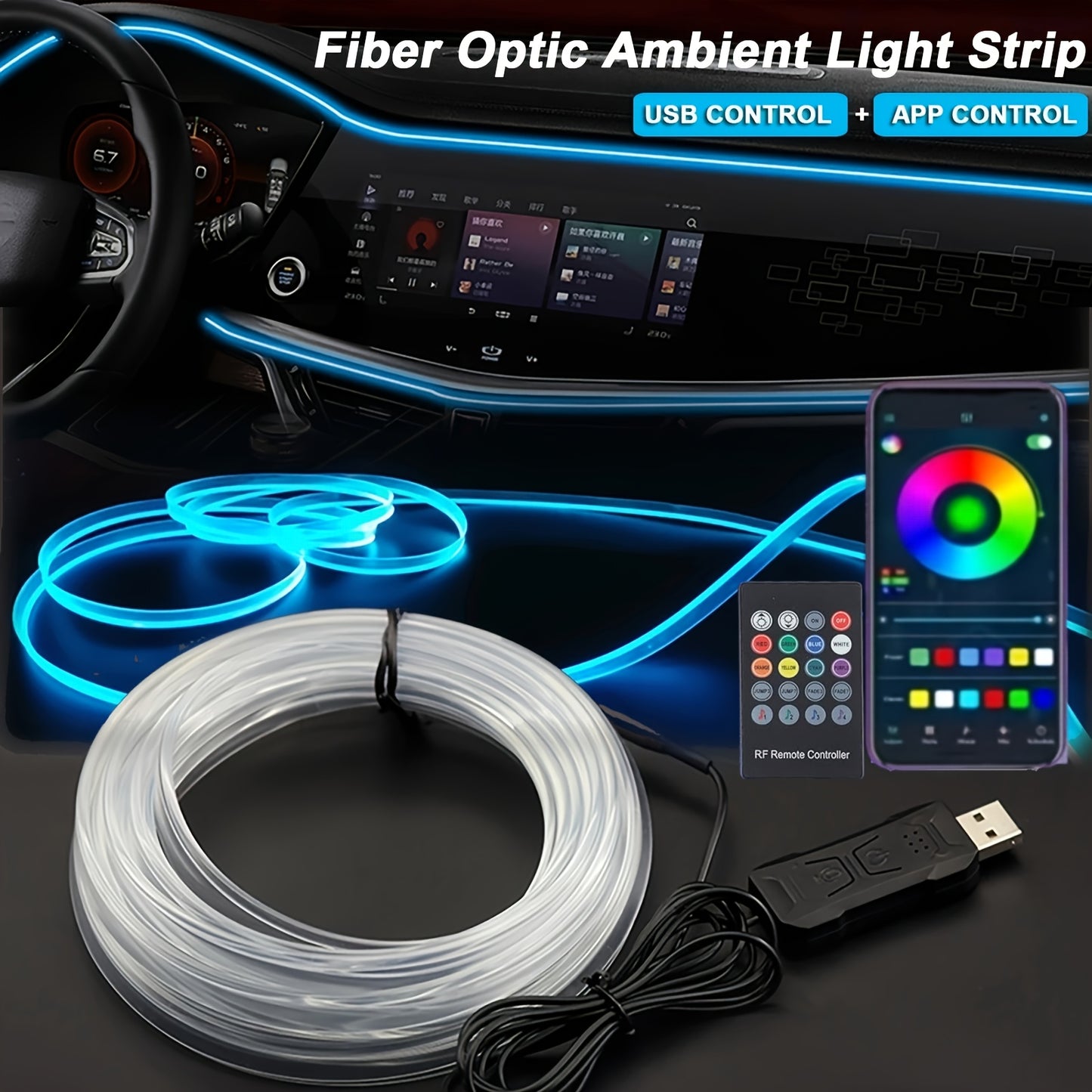 Car Interior Ambient Light Strip 3M, APP Control Music Sync 7-Color LED Atmosphere Lighting Kit for Door Console Dashboard, Rhythm-Reactive Neon Accent Lights for All Vehicles