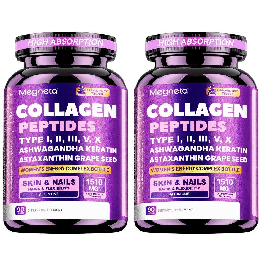 Collagen Capsules Type I II III V X with Vitamin C, Hyaluronic Acid & Biotin — Skin Hydration, Elasticity, Hair & Nail Growth Supplement | Anti-Aging Beauty Formula for Women & Men | 3rd Party Tested | 90 Capsules | 1 or 2 Bottle