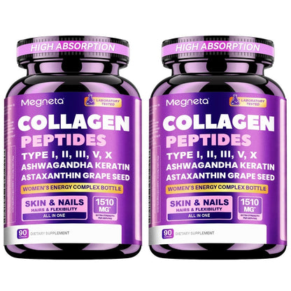 Collagen Capsules Type I II III V X with Vitamin C, Hyaluronic Acid & Biotin — Skin Hydration, Elasticity, Hair & Nail Growth Supplement | Anti-Aging Beauty Formula for Women & Men | 3rd Party Tested | 90 Capsules | 1 or 2 Bottle