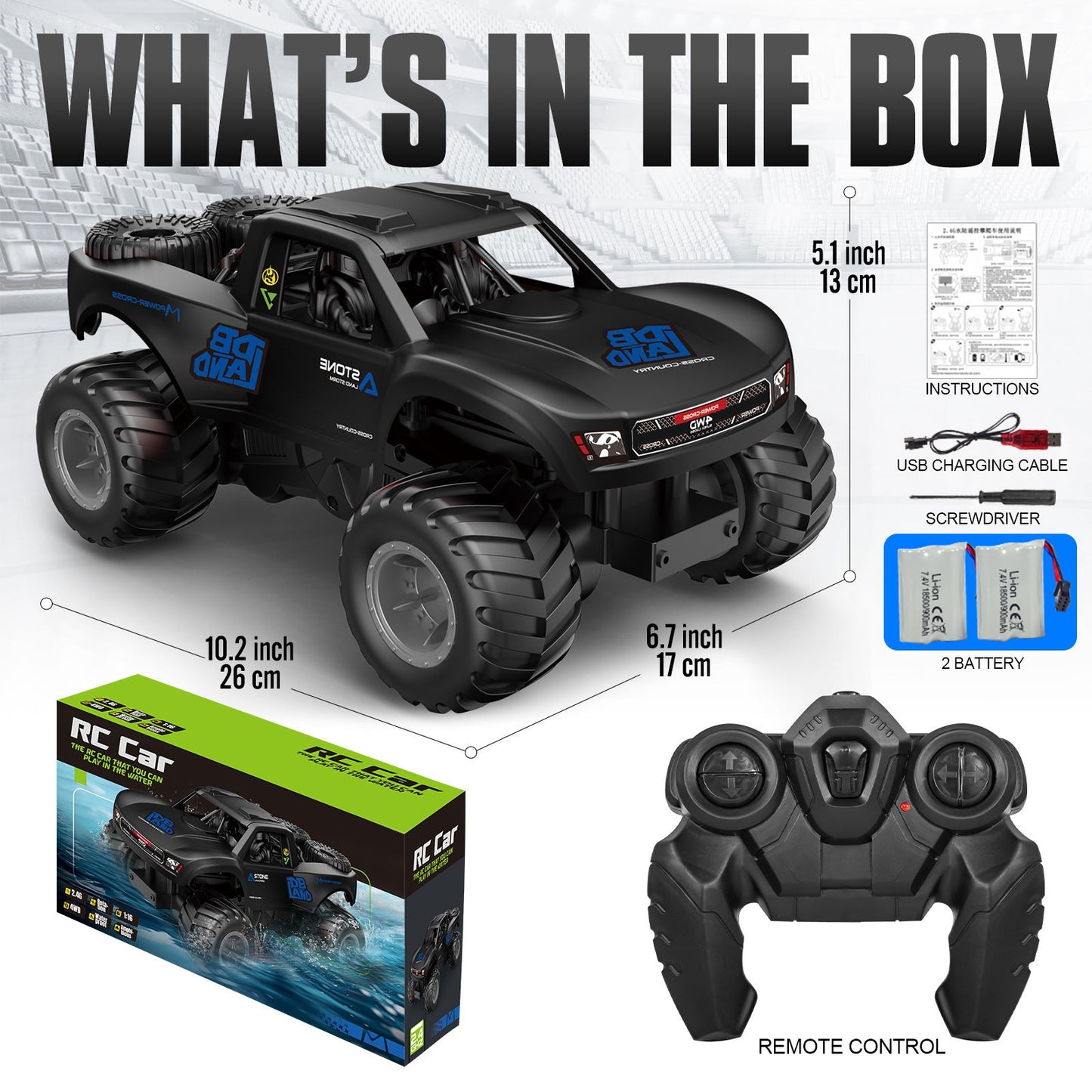 Amphibious RC Car 1:16 Scale 4WD Waterproof Land & Water Remote Control Monster Truck – 2 Rechargeable Batteries, All-Terrain RC Truck for Boys Kids Ages 4+, Birthday Christmas Gift