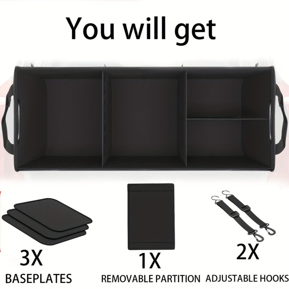 Foldable Car Trunk Organizer 95L – 4-Compartment Storage Box with 2 Retractable Straps, Collapsible Cargo Bin for SUV Truck Minivan – Travel Camping Shopping