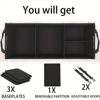 Foldable Car Trunk Organizer 95L – 4-Compartment Storage Box with 2 Retractable Straps, Collapsible Cargo Bin for SUV Truck Minivan – Travel Camping Shopping