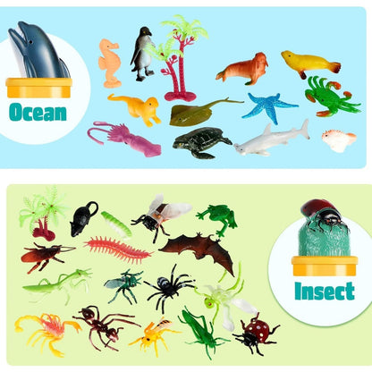 Animal Figures Toys for Kids 69pcs – 5-Set Nature World Mini Animal Figurines with Sensory Bin, Zoo, Ocean, Farm, Dinosaur & Jungle Animals, Easter Basket Stuffers & Birthday Party Favors