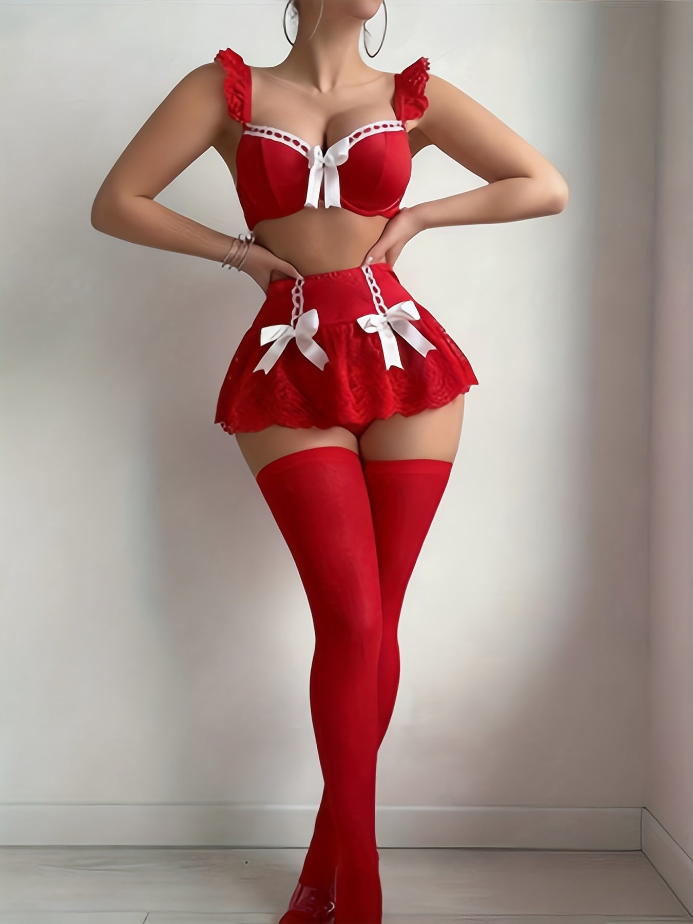 Women's 4-Piece Red Lace Lingerie Set - Bra Skirt Stockings Thong