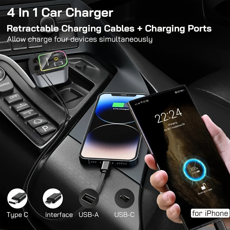 Star Projection Night Light Charger, LED Decorative Romantic Roof Ceiling Light, 4-In-1 Fast Charging USB Car Adapter, 66W with 2.6Ft Retractable Cable, Adjustable Orientation And 2 USB Ports, Perfect for Apple And for Android Phone Holiday Gifts