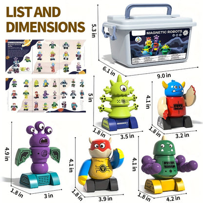 Magnetic Robot Building Toy for Kids Ages 3-5 – 33-Piece STEM Stacking Playset with Storage Box, Rocket Robot & Monster Styles, Magnet Construction Kit, Birthday Christmas Gift for Boys & Girls