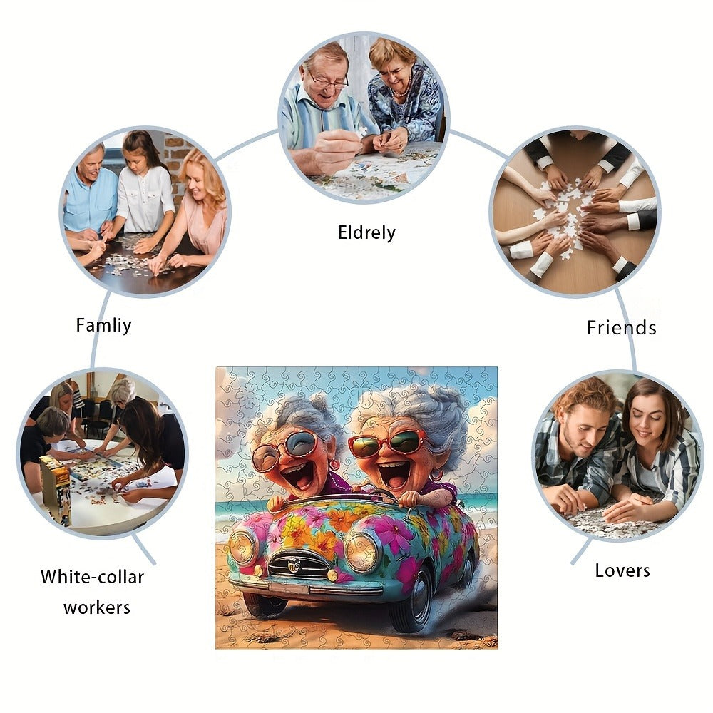 Irregular Shaped Wooden Jigsaw Puzzle Happy Old Lady – Unique Animal Shape Wood Puzzle for Adults, Whimsical Modern Art Home Decor, Special Birthday Christmas Holiday Gift for Women Friends Family (S & L Sizes)