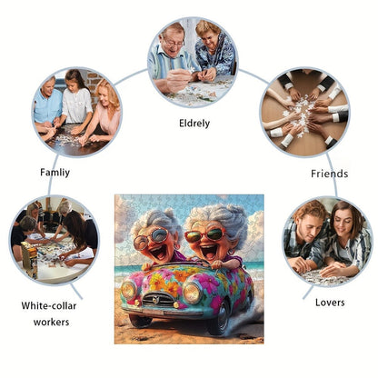 Irregular Shaped Wooden Jigsaw Puzzle Happy Old Lady – Unique Animal Shape Wood Puzzle for Adults, Whimsical Modern Art Home Decor, Special Birthday Christmas Holiday Gift for Women Friends Family (S & L Sizes)