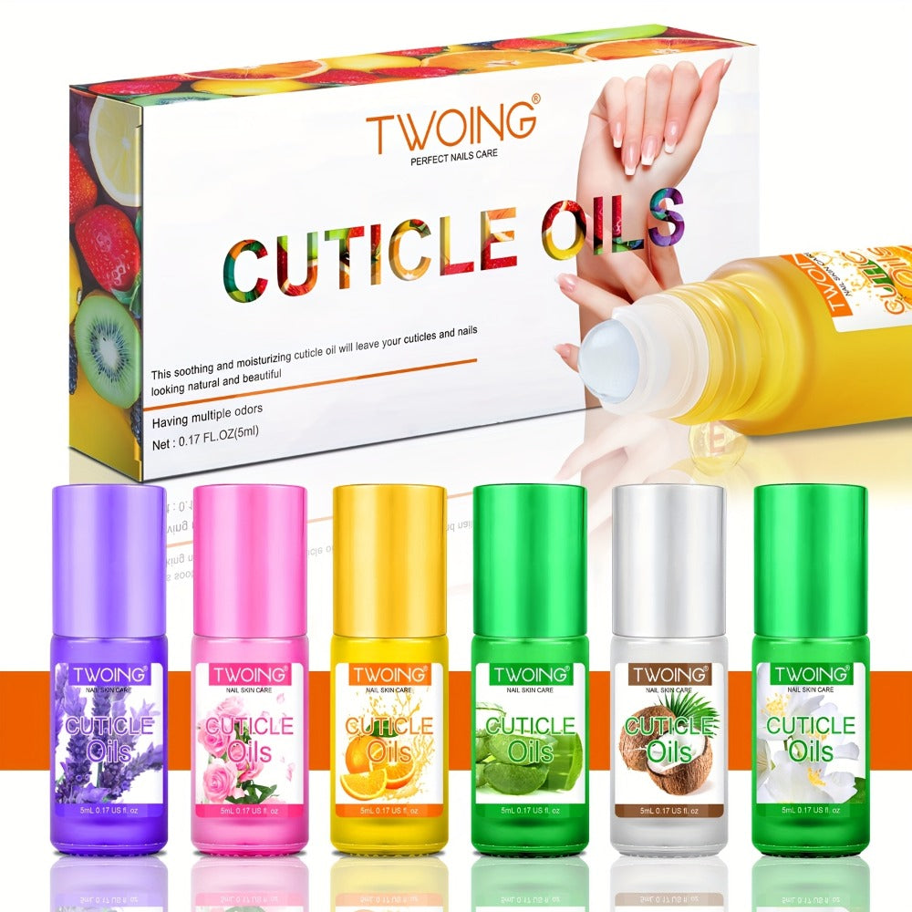 Cuticle Oil Set 6 Scents with Jojoba Oil Grape Seed Oil & Vitamin E — Paraben-Free Plant-Based Daily Nail Treatment for Dry Damaged Broken Thinning Nails & Cuticles, Nail Care Gift Set for Women