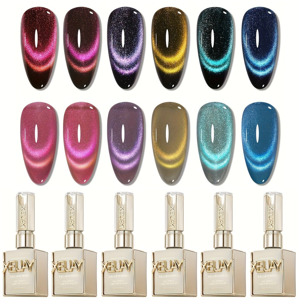 Dopamine Cat Eye Gel Polish Set 6 Colors Magnetic Shiny Glossy UV LED Nail Art Kit with Photo Frame Bottle for Salon DIY Manicure Spring Summer Vibrant Reflective Long Lasting Nail Design