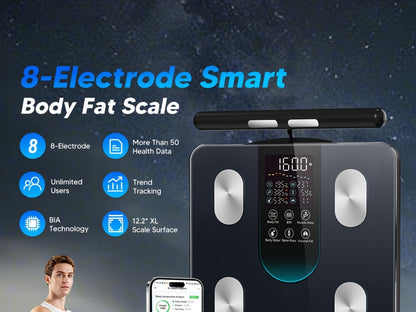 Smart Body Fat Scale with Handle, 8-Electrode Full Body Composition Analyzer, BMI Muscle Mass Monitor, Digital Weight Scale with APP Sync & LED Display for Home Gym Fitness Tracking