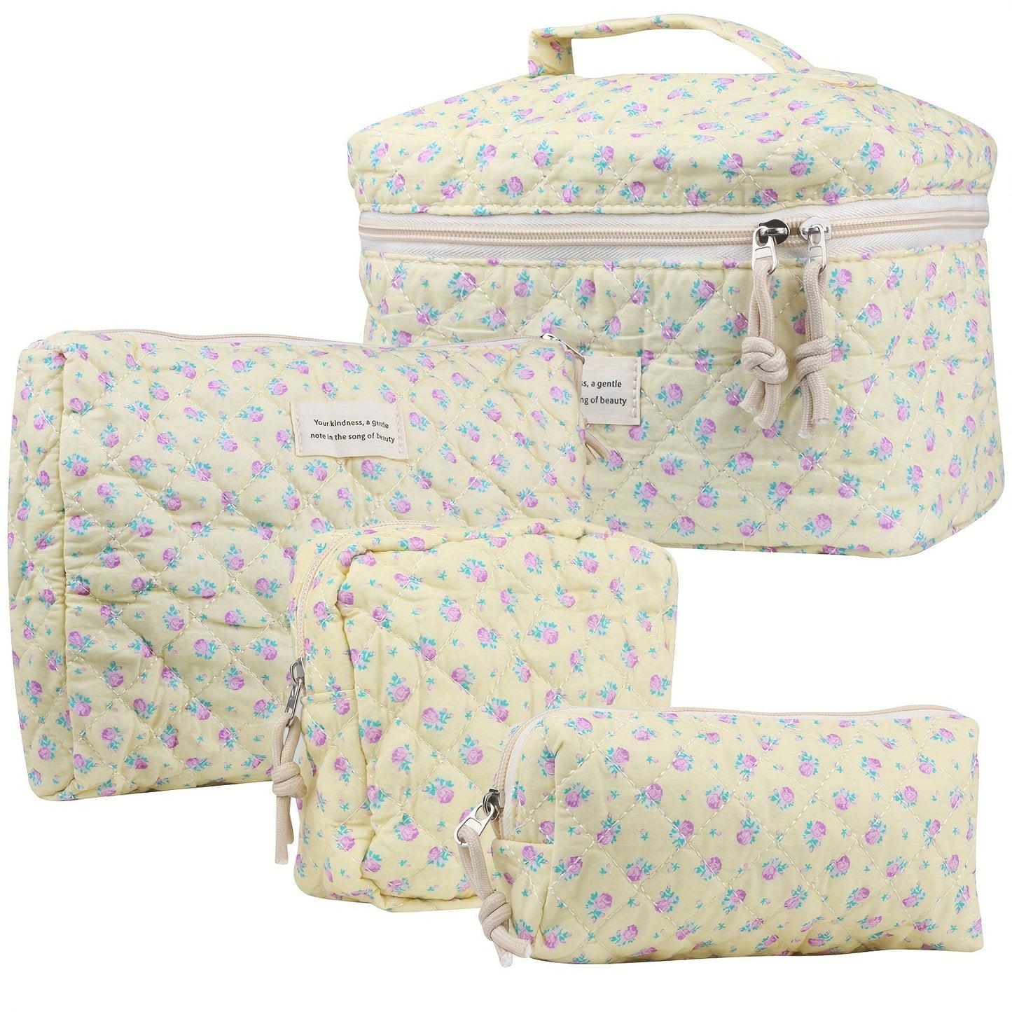 Quilted Makeup Bag Set 4-Piece Floral Rose Coquette Aesthetic Premium Cotton Cosmetic Organizer Travel Toiletry Pouch 4 Sizes for Women Girls Vanity Bathroom Gift