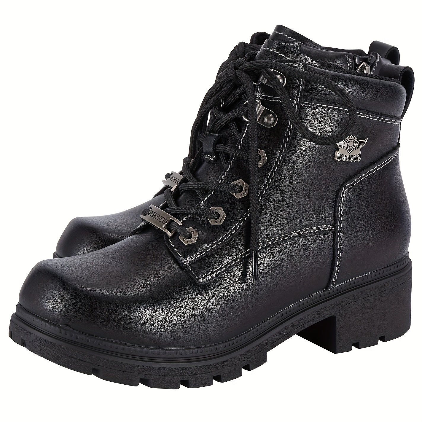 [Women'S Low Heel Biker Boots] Black Faux Leather Women'S Lace-Up Motorcycle Riding Boots | Side Zipper, Ankle Booties, Biker Boots, Combat Boots for Ladies with Low Heel, Non-Slip, Square Toe, for All-Season Riding Shoes