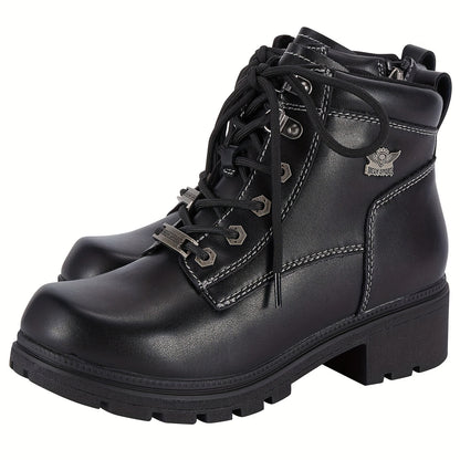 [Women'S Low Heel Biker Boots] Black Faux Leather Women'S Lace-Up Motorcycle Riding Boots | Side Zipper, Ankle Booties, Biker Boots, Combat Boots for Ladies with Low Heel, Non-Slip, Square Toe, for All-Season Riding Shoes