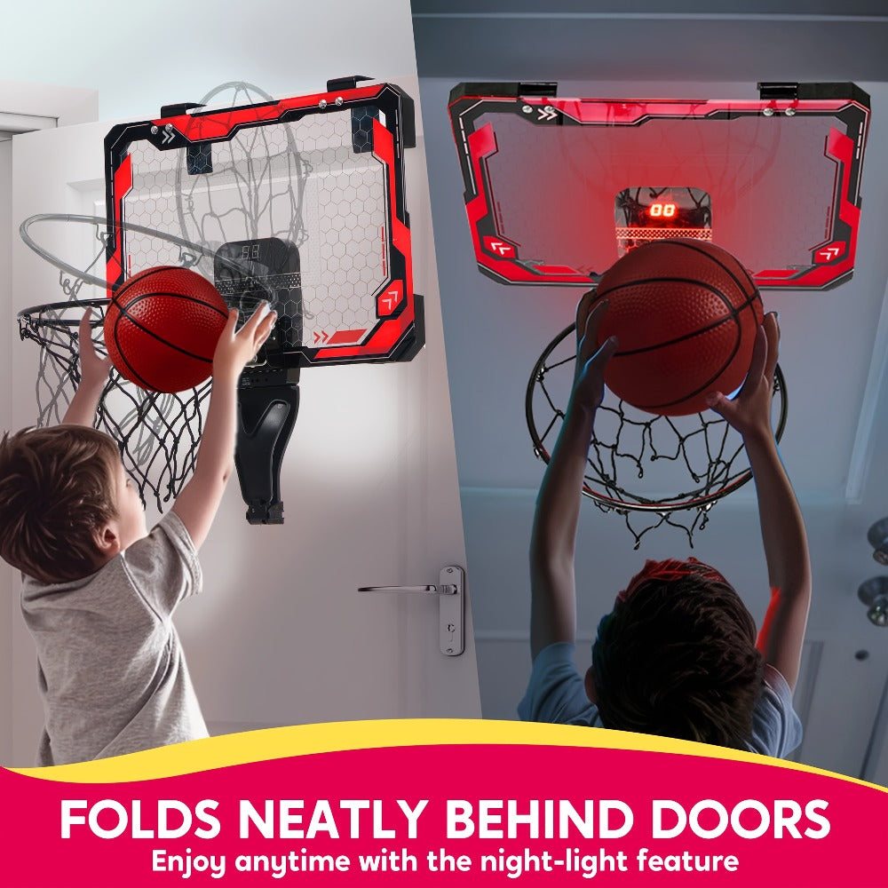 Indoor Basketball Hoop for Kids Over the Door – Light Up LED Scoreboard 4 Balls Air Pump 3 Game Modes 7 Light Shows, Active Sport Toy Gift for Boys Girls Ages 3 to 14 (Red)