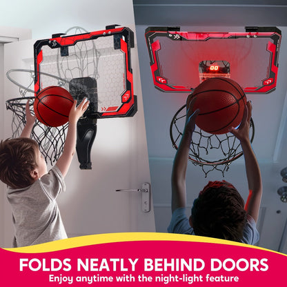 Indoor Basketball Hoop for Kids Over the Door – Light Up LED Scoreboard 4 Balls Air Pump 3 Game Modes 7 Light Shows, Active Sport Toy Gift for Boys Girls Ages 3 to 14 (Red)