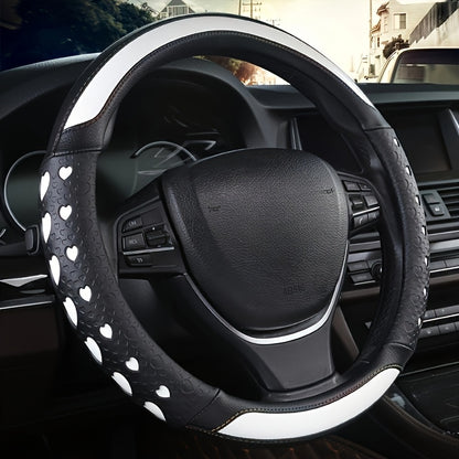 Steering Wheel Cover Faux Leather Heart Pattern – Non-Slip Wear-Resistant Anti-Aging All-Season Car Interior Accessory, Sports Style, Universal Fit, Cute Gift for Women Car Enthusiasts