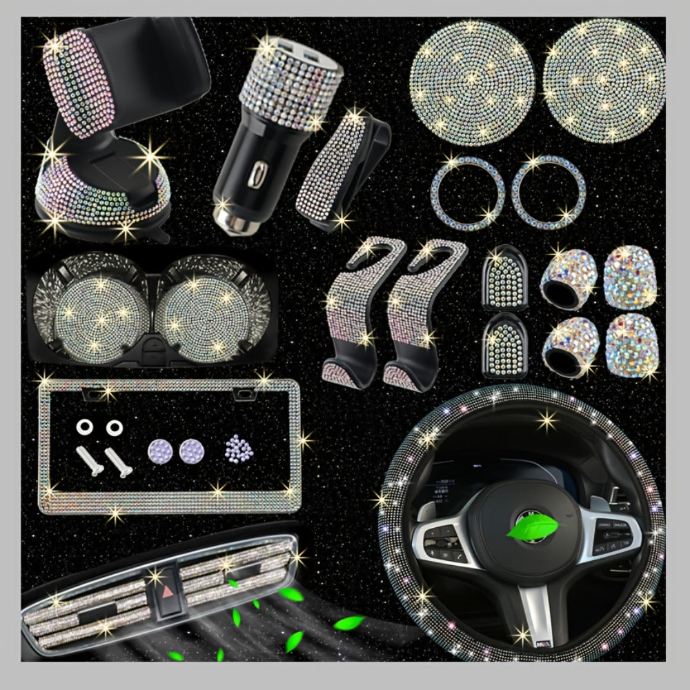 Bling Car Accessories Set 27pcs - Glitter Steering Wheel Cover 15 Inch, Bling License Plate Frame, Phone Holder & Car Coasters for Women & Men