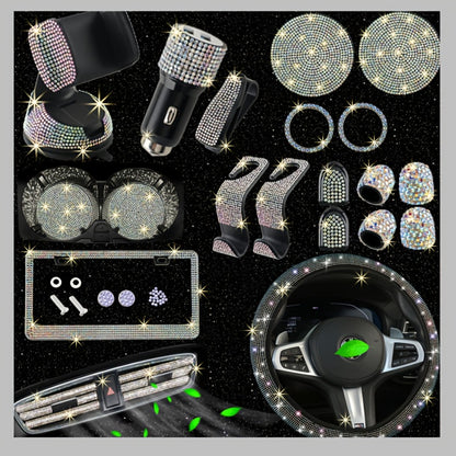 Bling Car Accessories Set 27pcs - Glitter Steering Wheel Cover 15 Inch, Bling License Plate Frame, Phone Holder & Car Coasters for Women & Men