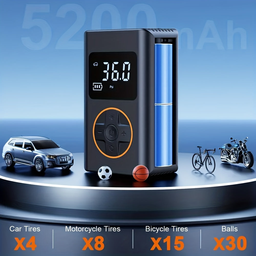 Portable Air Compressor for Tire Inflation Featuring an Automatic Shut-Off, Capable of 150PSI. This Car Tire Pump Comes with a Digital Pressure Gauge And LED Light, Powered by a Rechargeable Lithium Battery, And Is Ideal for Car Tires, Motorcycles