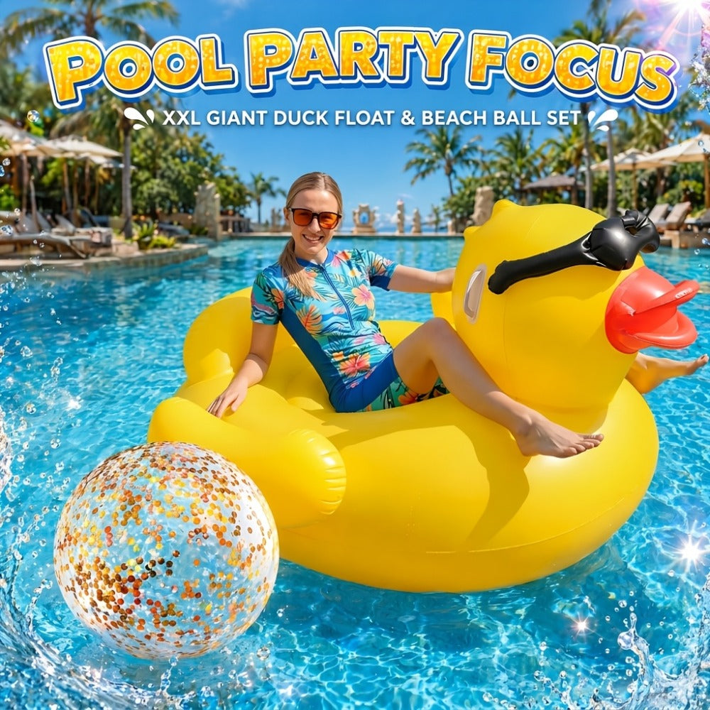 Giant Duck Pool Float for Adults 67 Inch XXL – Ride-On Inflatable Raft Holds 300 lbs, Includes 16-Inch Beach Ball, Pool Lake River Beach Summer Party Decoration