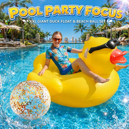 Giant Duck Pool Float for Adults 67 Inch XXL – Ride-On Inflatable Raft Holds 300 lbs, Includes 16-Inch Beach Ball, Pool Lake River Beach Summer Party Decoration